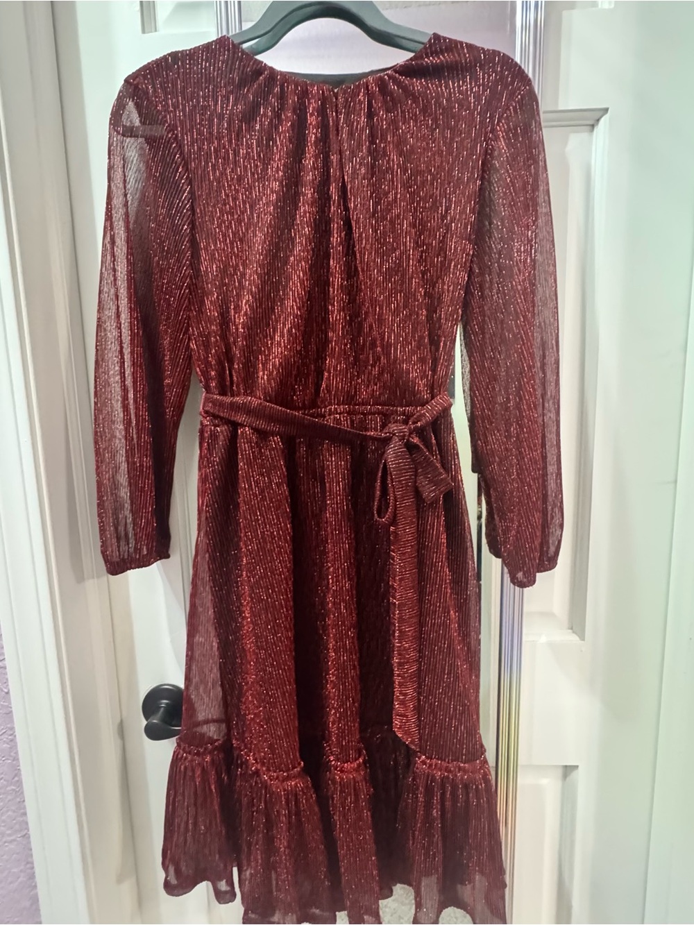 Women's Burgundy Metallic Long-Sleeve Tie-Waist Dress Vera Wang Small